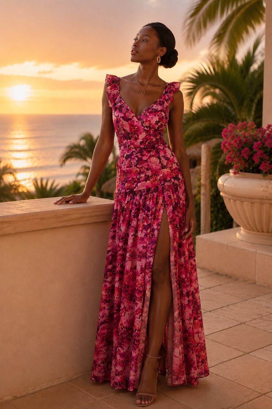 Showpo Jilliane Maxi Dress Ruched Thigh Slit Fuschia Frenzy Coquette Size 4 NWOT